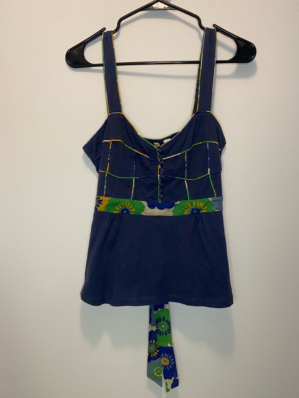 Little Yellow Button Navy Floral-Accent Button Front Tank Top